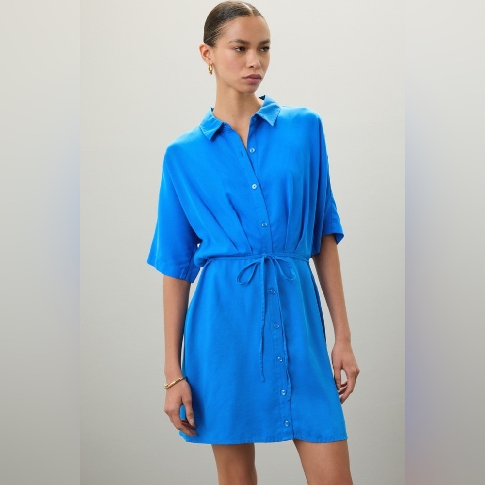 Thakoon Tie Waist Mini Shirt Dress Button Up Blue Size 0 Shirt Sleeve Tencel
